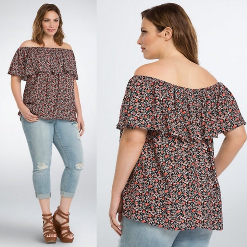 Torrid Ditsy Floral Black Orange Peasant Off Shoulder Top